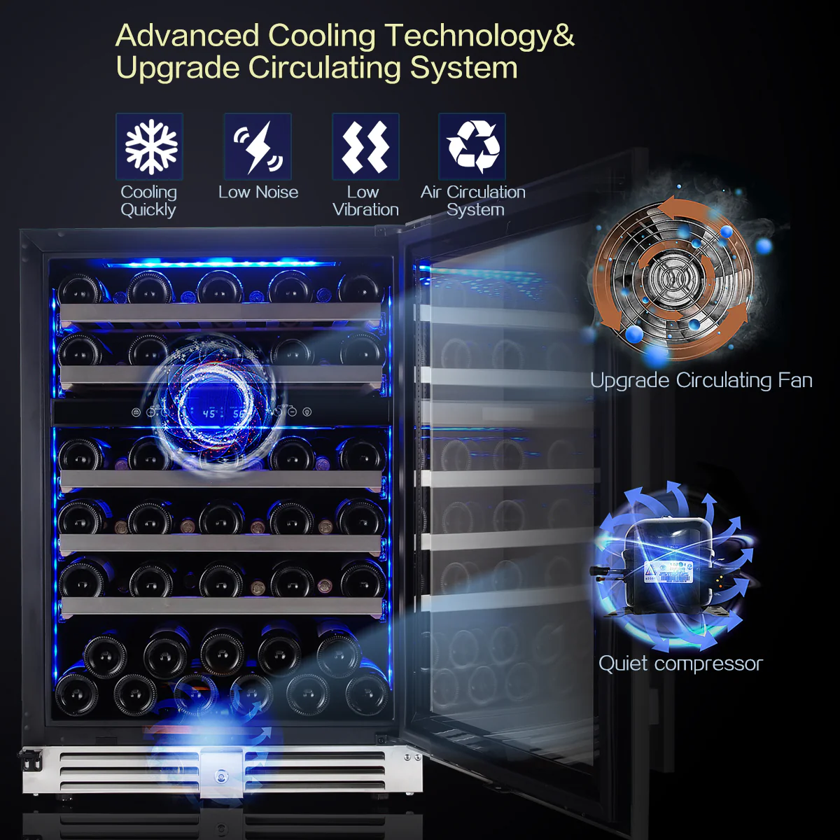 BODEGAcooler 24" 56 Bottles Dual Zone Compressor Wine Cooler with Wood Shelves - Image 10