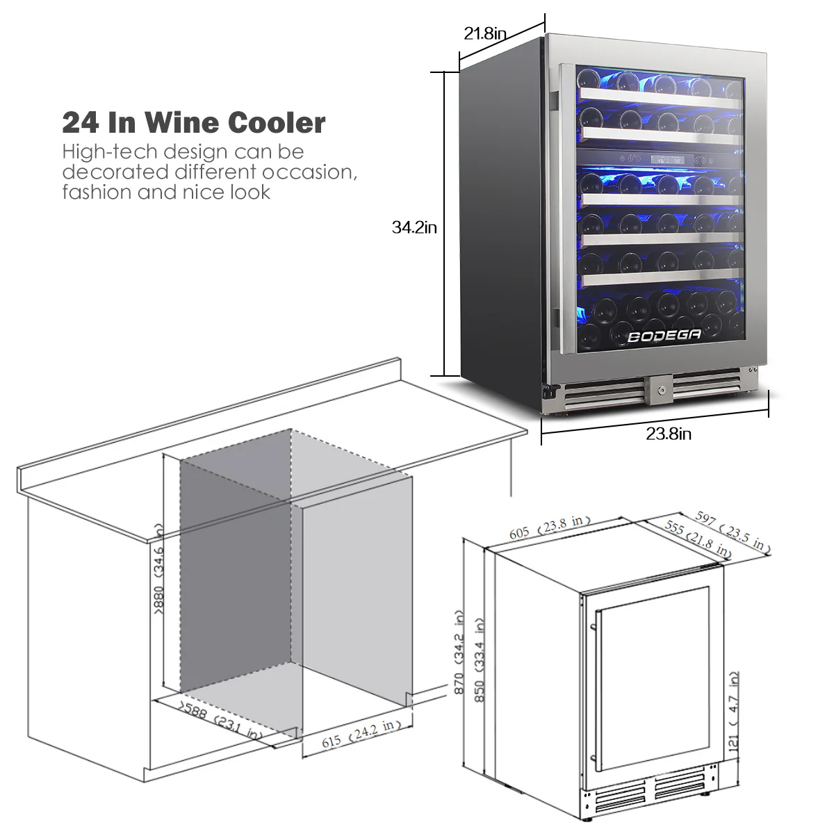 BODEGAcooler 24" 56 Bottles Dual Zone Compressor Wine Cooler with Wood Shelves - Image 3