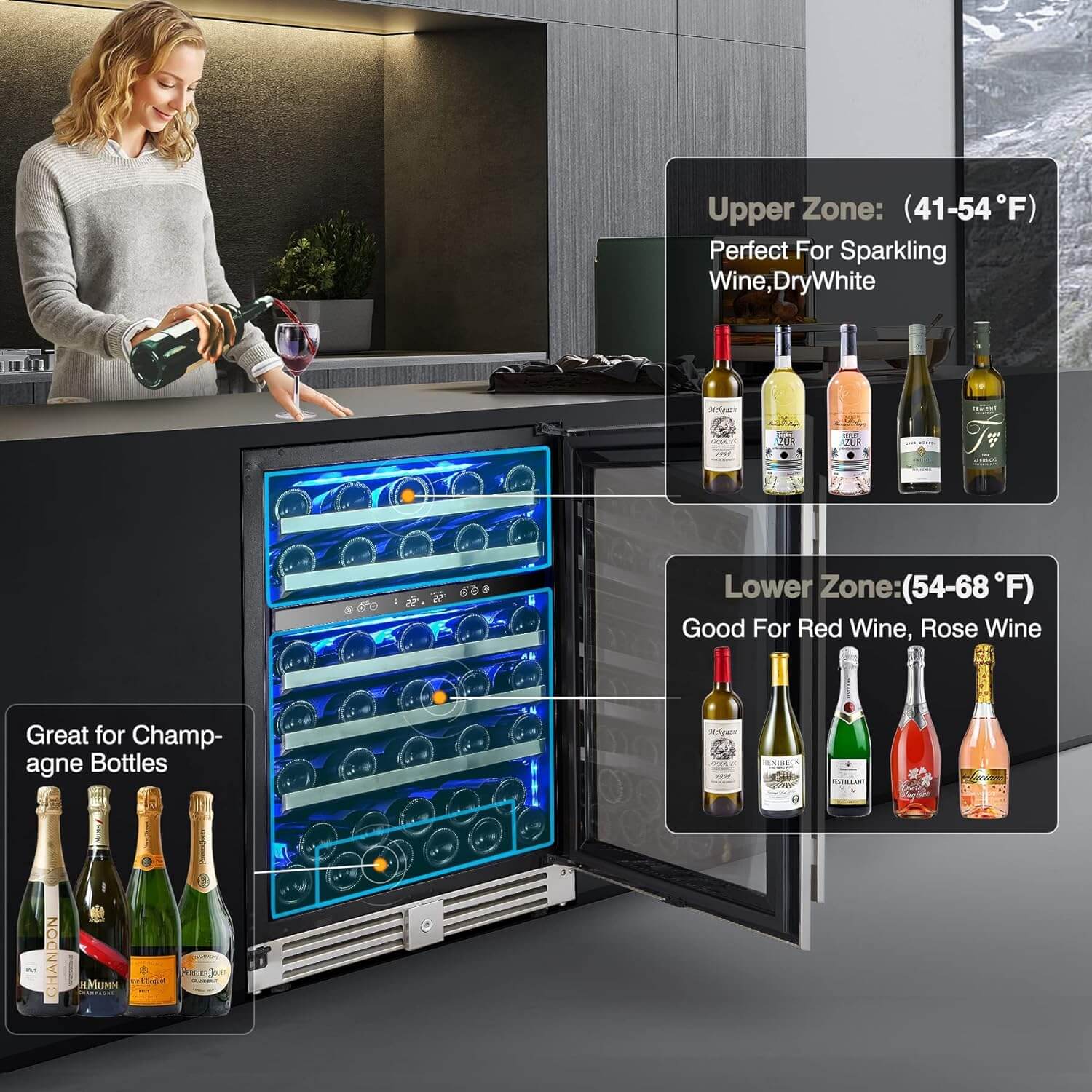 BODEGAcooler 24" 56 Bottles Dual Zone Compressor Wine Cooler with Wood Shelves - Image 6