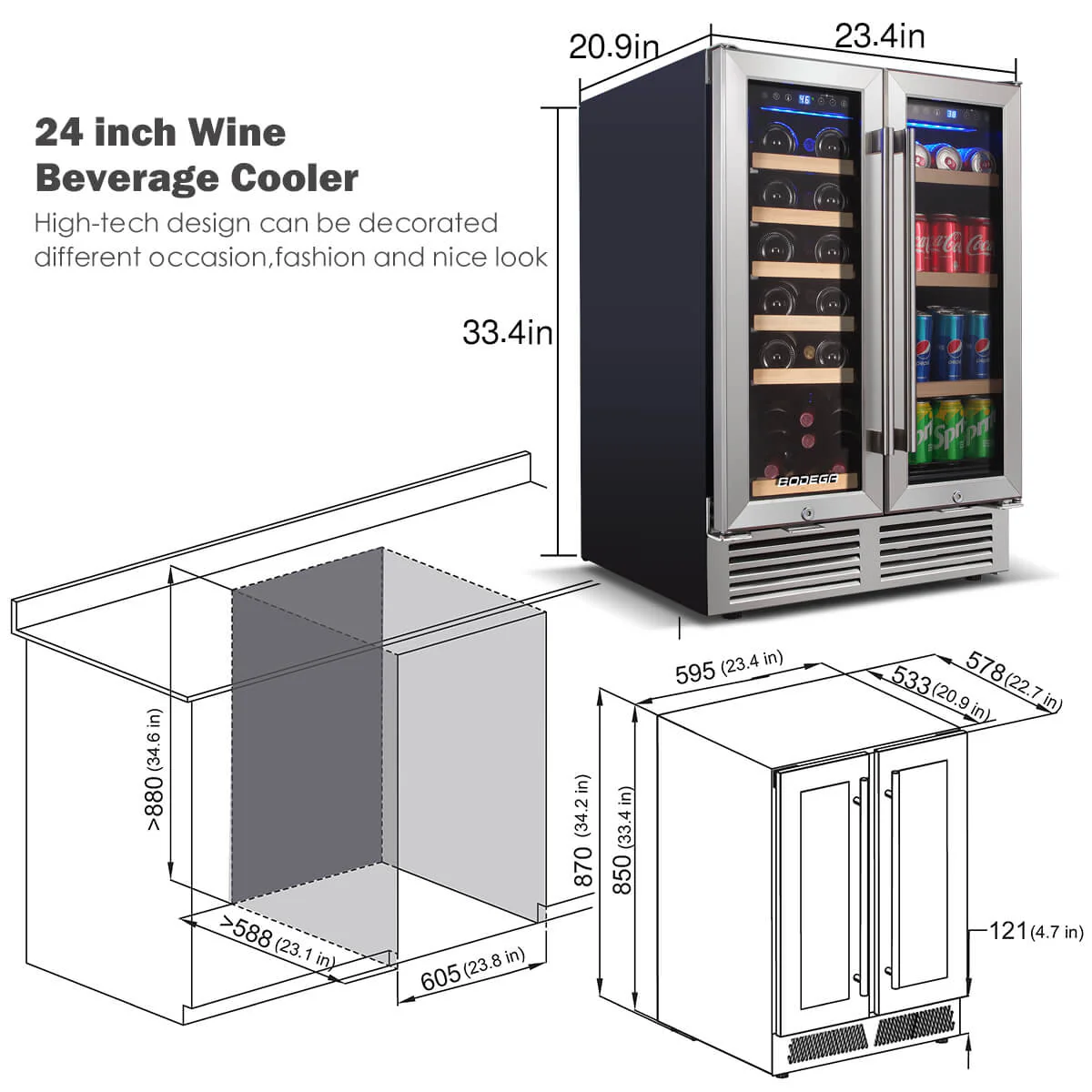 BODEGAcooler 24" Wine and Beverage Cooler Dual Zone 19 Bottles and 57 Cans - Image 6