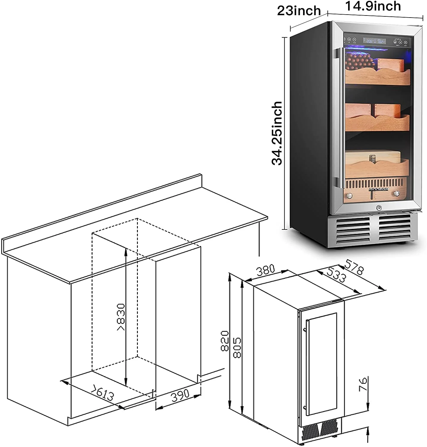 BODEGAcooler 546 Count Electric Cigar Humidor Wineador in Stainless Steel with Wood Shelves - Image 2
