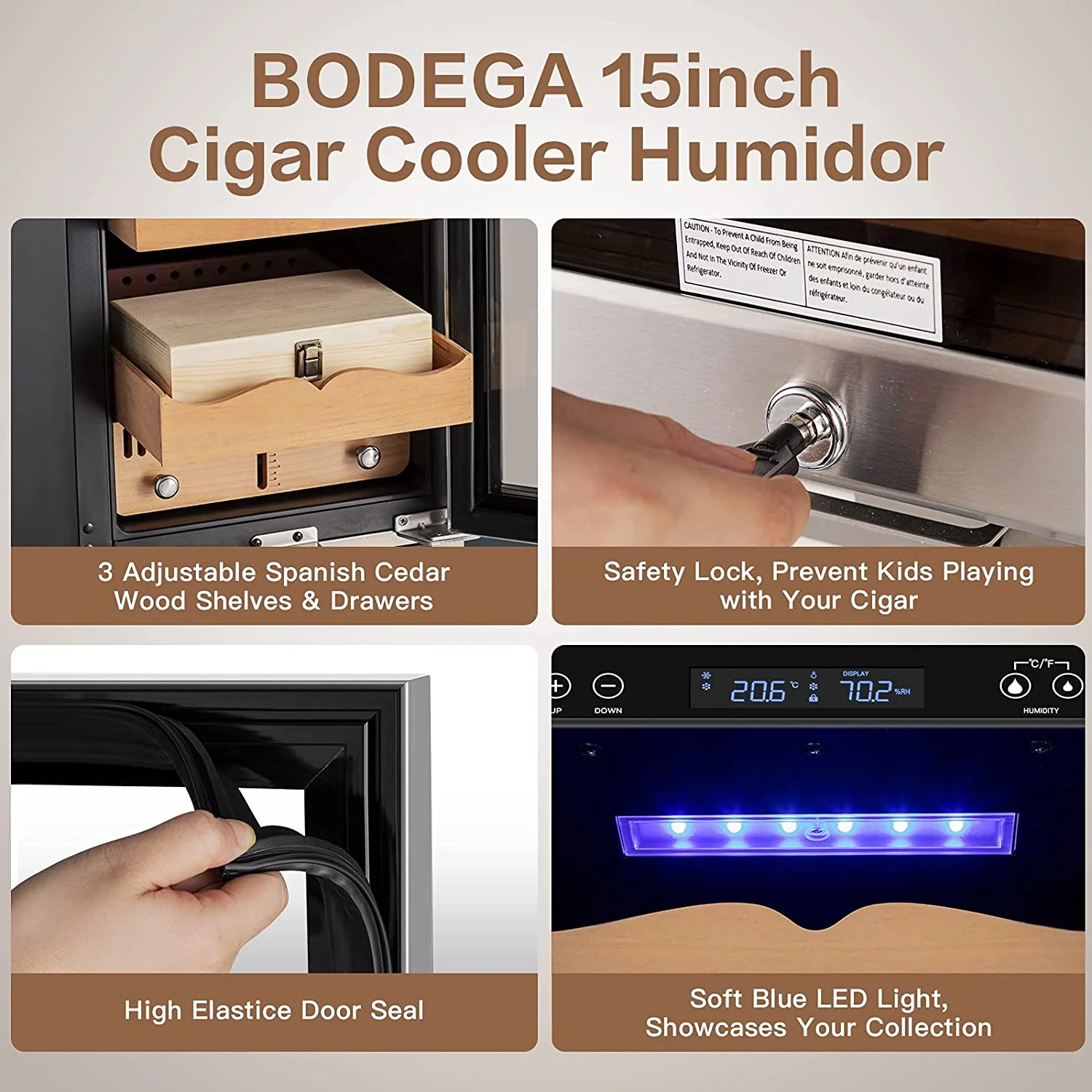 BODEGAcooler 546 Count Electric Cigar Humidor Wineador in Stainless Steel with Wood Shelves - Image 3