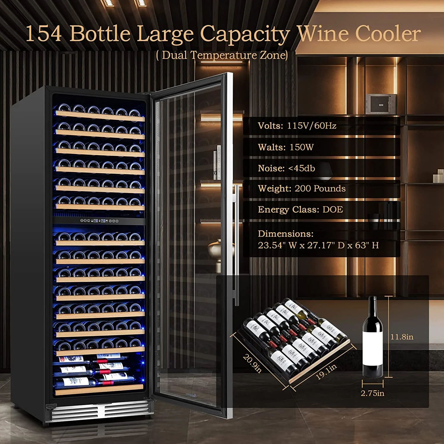 AAOBOSI 24" Free Standing 154 Bottles Wine Cooler in Stainless Steel with Wood Shelves YC-408B - Image 4