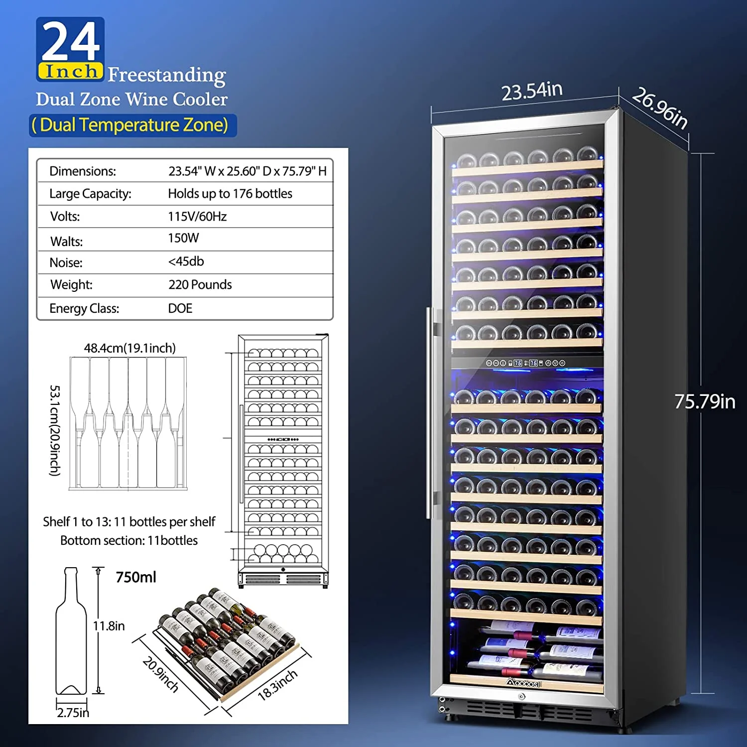 AAOBOSI 24" Free Standing 176 Bottles Wine Cooler in Stainless Steel with Wood Shelves YC-510B - Image 4