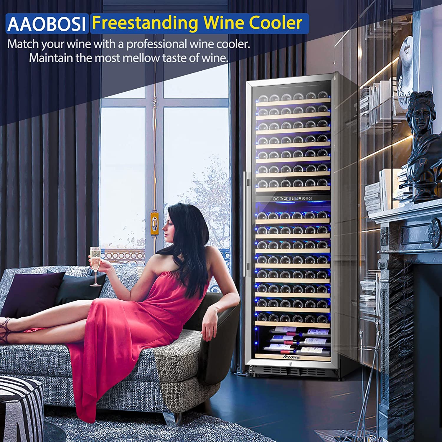 AAOBOSI 24" Free Standing 176 Bottles Wine Cooler in Stainless Steel with Wood Shelves YC-510B - Image 7