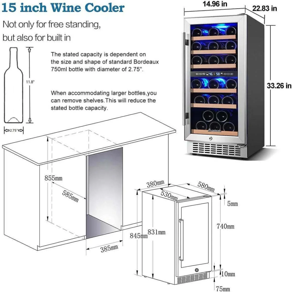AAOBOSI Wine Cooler Refrigerator 15 inch Dual Zone Wine Fridge for 30 Bottles YC-100B - Image 5