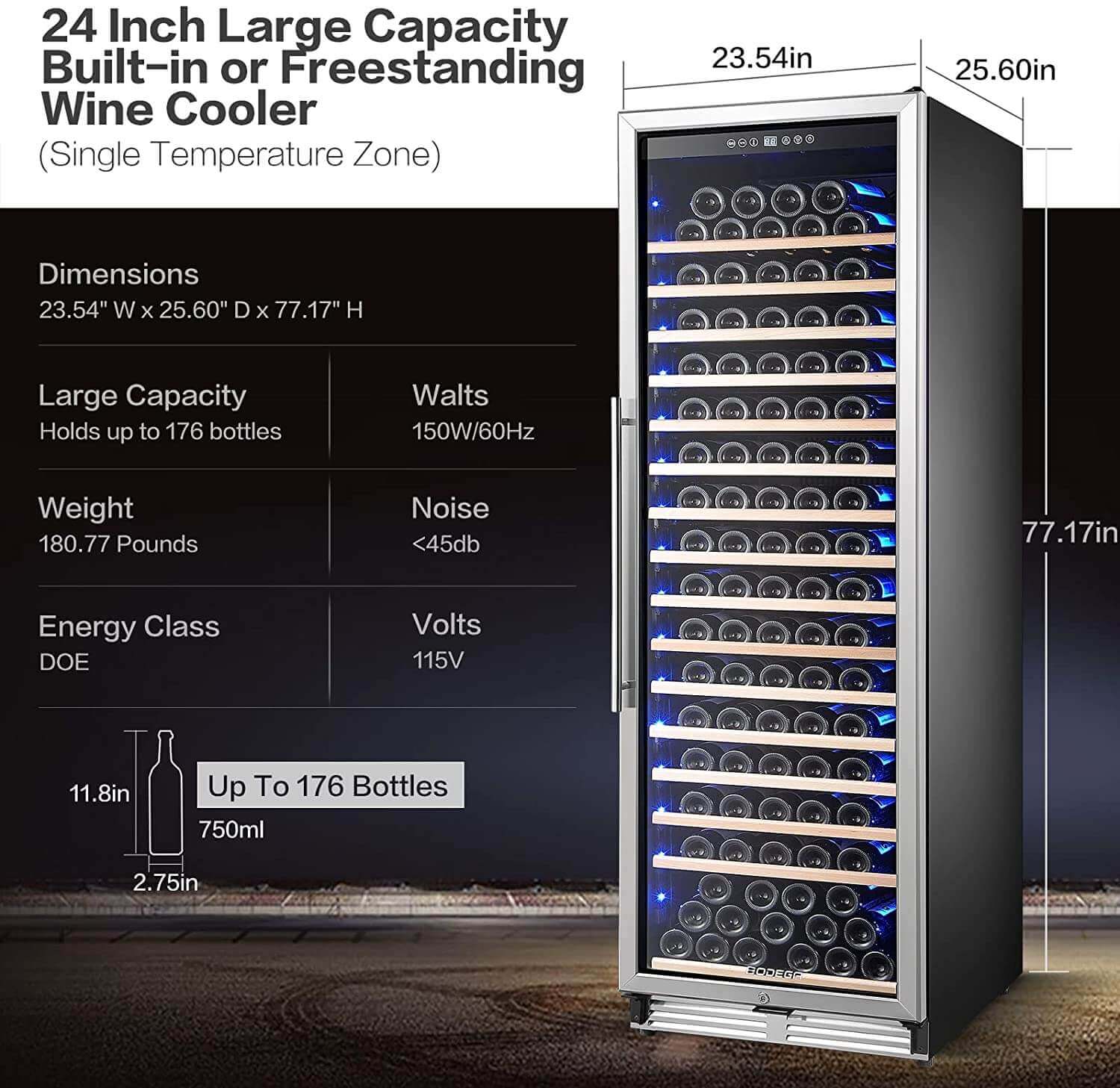 BODEGAcooler 24" Large Capacity 176 Bottles Wine Cooler Single Zone - Image 5