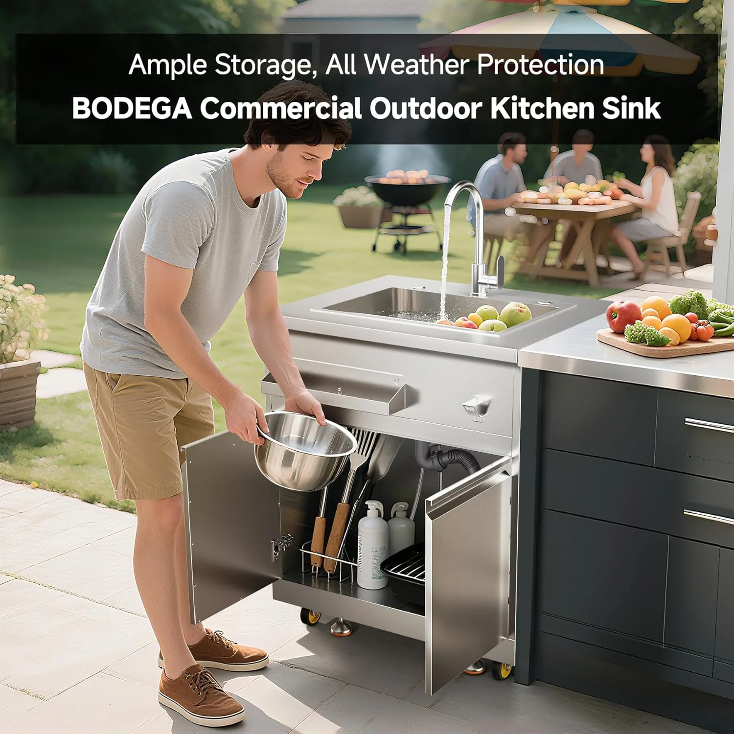BODEGAcooler 32" Stainless Steel Outdoor Sink Cabinet with Wheels & Hose Hook Up - Image 7