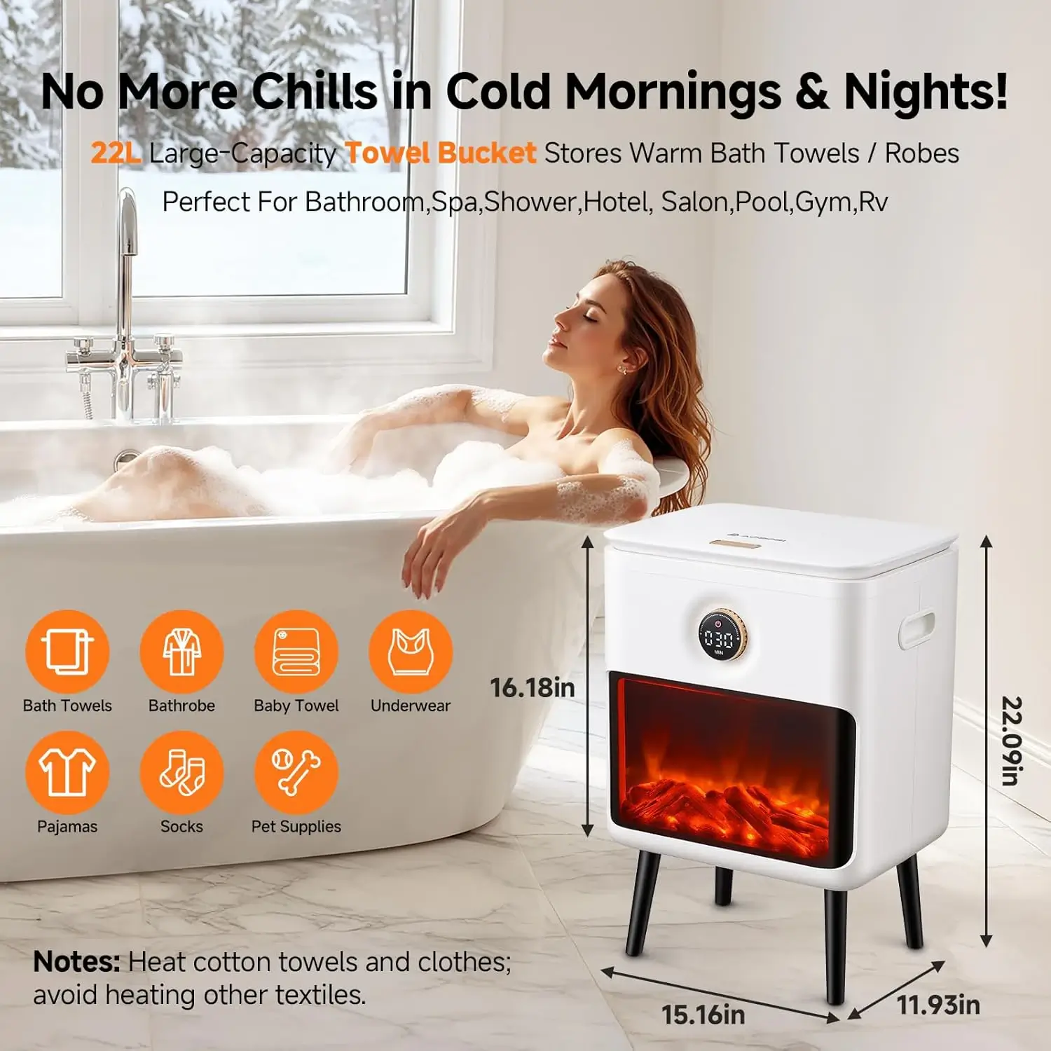 Towel Warmer Bucket with LED Fireplace | Portable Bucket Towel Warmer for RV / Cabin 22L - Image 7