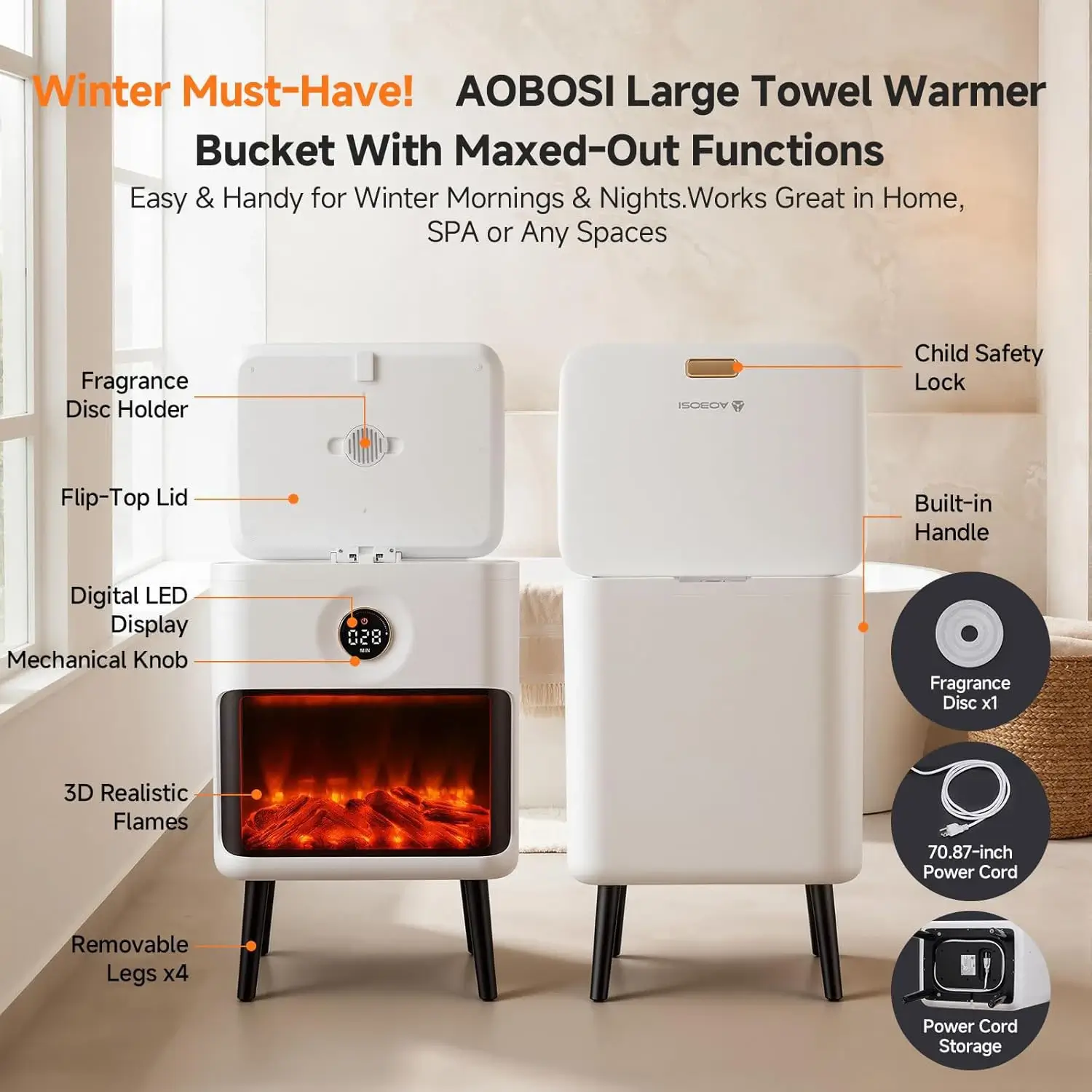 Towel Warmer Bucket with LED Fireplace | Portable Bucket Towel Warmer for RV / Cabin 22L - Image 9